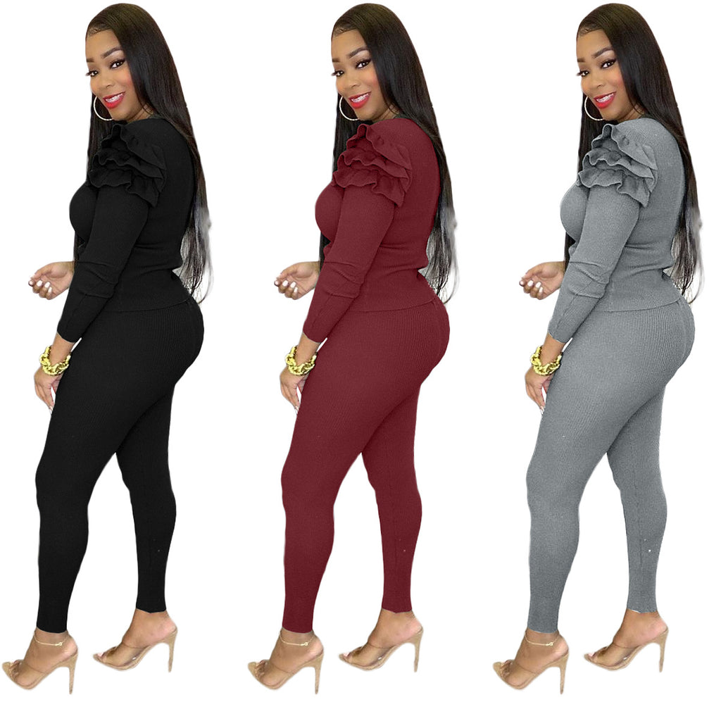 X9290 Ruffled Long-Sleeved T-shirt Tight Two-Piece Pants Casual Suit