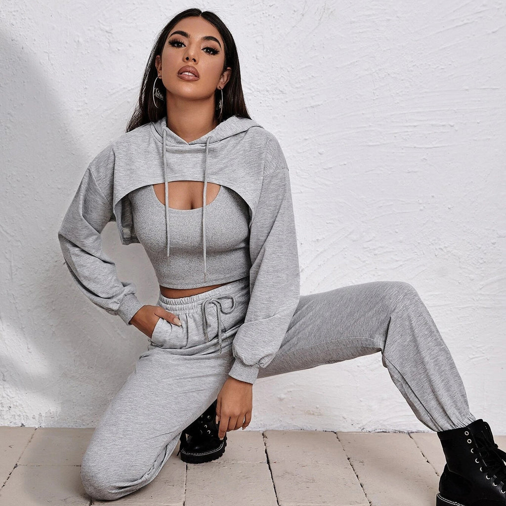 2022 Women's Spring Hoodie Loose Vest Sweatshirt and Sweatpants Sports Slow Running Three-Piece Suit