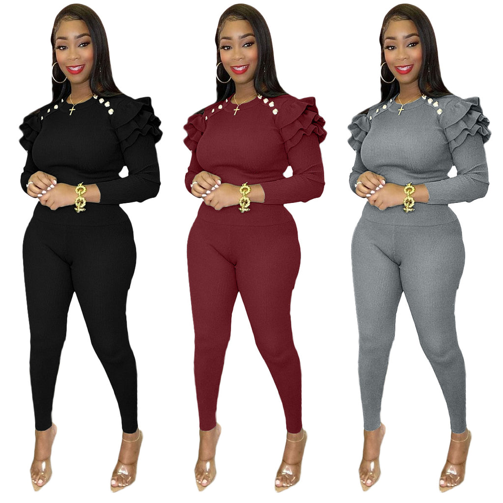 X9290 Ruffled Long-Sleeved T-shirt Tight Two-Piece Pants Casual Suit