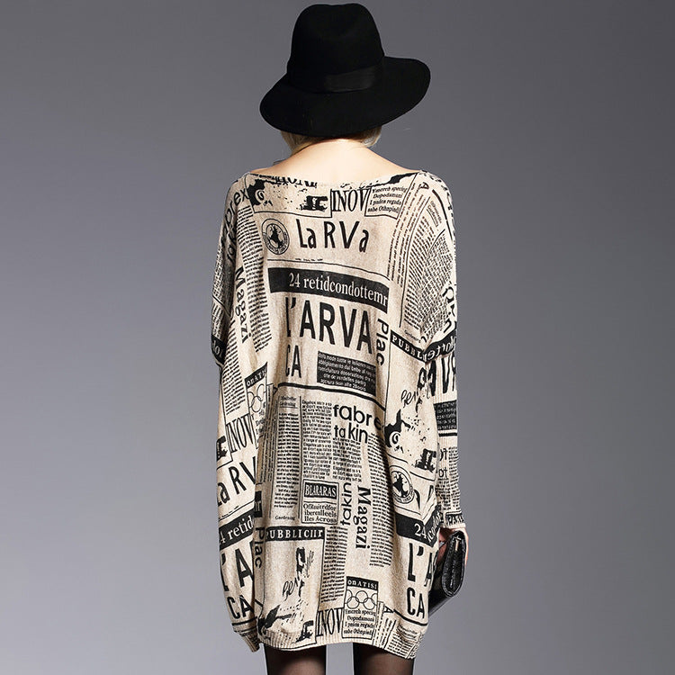 Large Size Women's Loose Pullover Print Newspaper Mid-Length Sweater Base Sweater