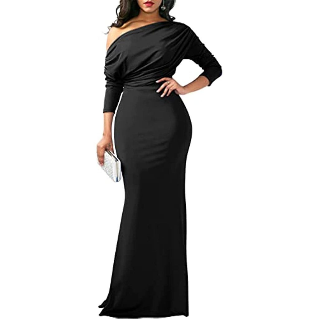 YMDUCH Women's Sexy Elegant Long Sleeve Off Shoulder Tight Long Evening Dress