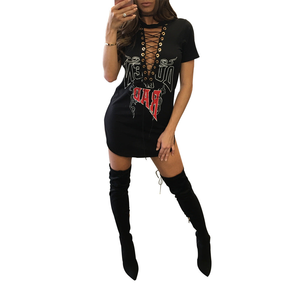 YM-8077 Sexy Women's Eyes Deep V-Neck Short Sleeve Skirt Nightclub Fashion T-Shirt