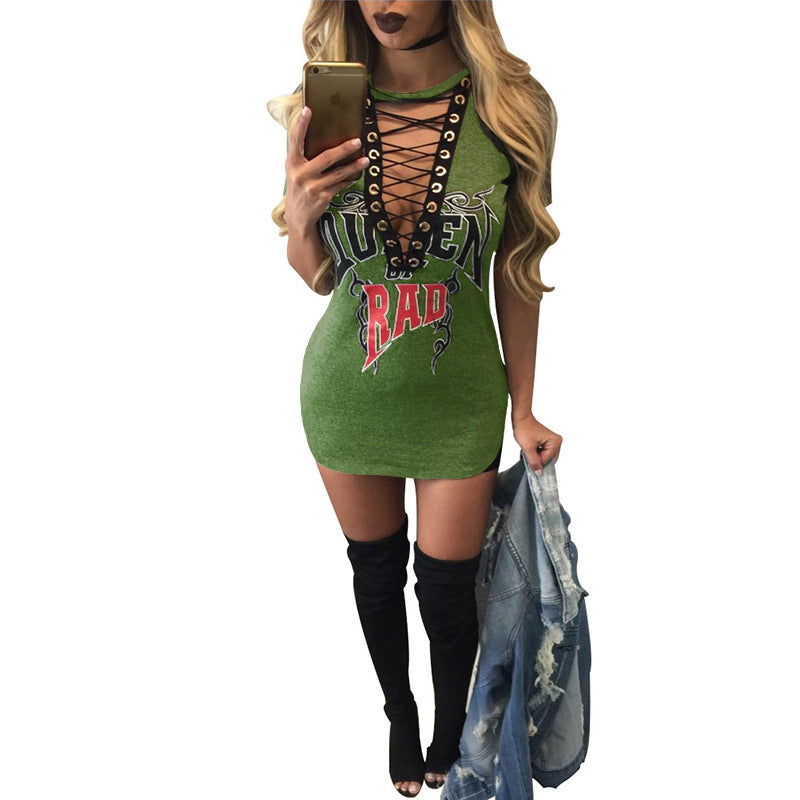 YM-8077 Sexy Women's Eyes Deep V-Neck Short Sleeve Skirt Nightclub Fashion T-Shirt