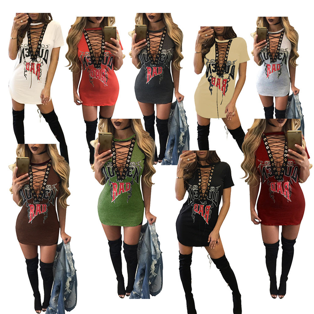 YM-8077 Sexy Women's Eyes Deep V-Neck Short Sleeve Skirt Nightclub Fashion T-Shirt