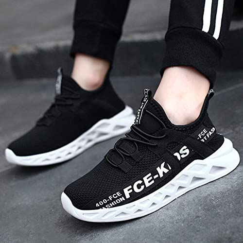 ZHEGAO Boys Girls Trainers Kids Athletic Running Shoes Outdoor Lightweight Sports Walking Shoes Slip on Fashion Sneakers Kids Shoes for Boy Black & White Size 8 UK Child