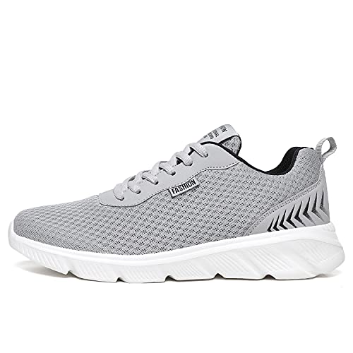 EARSOON Mens Trainers Running Trainers Mesh Walking Shoes Athletic Gym Fitness Shoes Lightweight Casual Shoes Grey & White Size 9