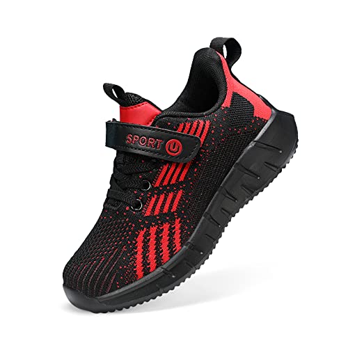 ZHEGAO Kids Trainers Running Shoes Tennis Shoes Boys School Shoes Mesh Lightweight Casual Walking Shoes Athletic Sport Shoes Black & Red Size 10 UK Child