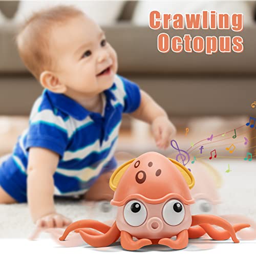 QC21004-Orange Growinlove Baby Musical Octopus Toy Crawling Toy, Interactive Dancing Octopus with Music, LED Light Up and Automatically Avoid Obstacle, Tummy Time Toy for Infant Babies Boys Girls