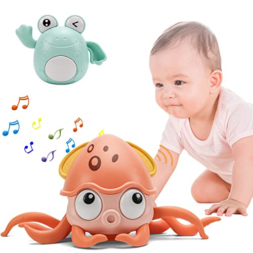 QC21004-Orange Growinlove Baby Musical Octopus Toy Crawling Toy, Interactive Dancing Octopus with Music, LED Light Up and Automatically Avoid Obstacle, Tummy Time Toy for Infant Babies Boys Girls