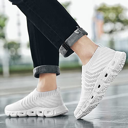 EARSOON Mens Trainers Road Running Shoes Mesh Running Trainers Casual Walking Shoes Slip On Gym Fitness Athletic Sport Shoes All White Size 9