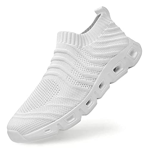 EARSOON Mens Trainers Road Running Shoes Mesh Running Trainers Casual Walking Shoes Slip On Gym Fitness Athletic Sport Shoes All White Size 9