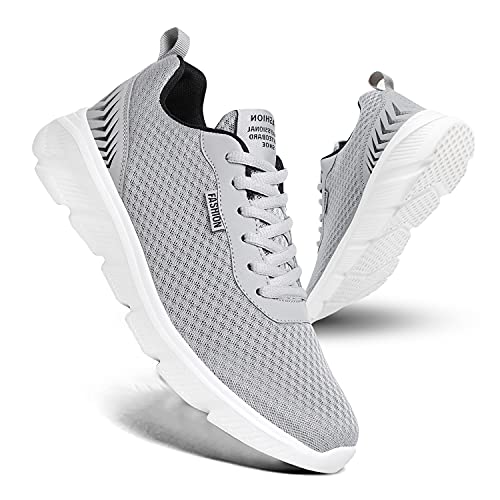 EARSOON Mens Trainers Running Trainers Mesh Walking Shoes Athletic Gym Fitness Shoes Lightweight Casual Shoes Grey & White Size 9