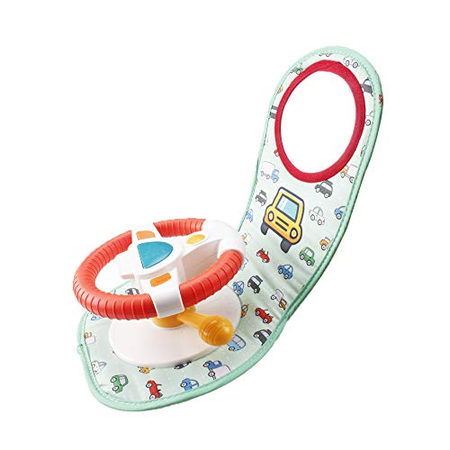 HE19004 Car Seat Play Center Toy - Infant Car Seat Toy Steering Wheel for Toddler Car Seat Stroller Toy Baby Travel Companion Toy for Rear Car Seat Easier Drive Vehicle with Music Light Mirror