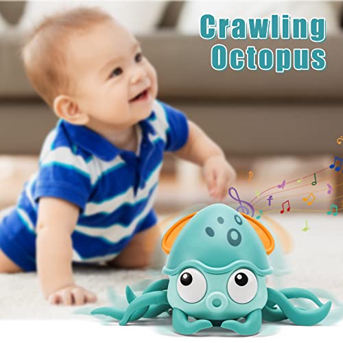 QC21004-GREEN Growinlove Baby Crawling Toy Musical Octopus Toy, Toddler Interactive Crawling Octopus Toy with Music, LED Light Up and Automatically Avoid Obstacle, Moving Toy for Toddler Babies Boys Girls