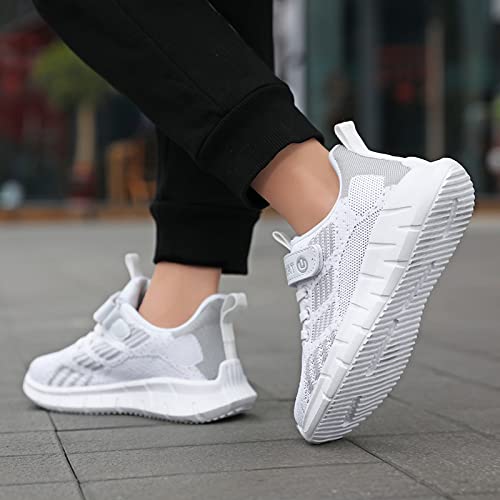 BB21002-GreyWhite Boys Girls Trainers Kids Athletic Running Shoes Outdoor Lightweight Sports Walking Shoes Slip on Fashion Sneakers Kids Shoes for Boy Grey & White Size 10 UK Child