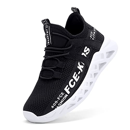 ZHEGAO Boys Girls Trainers Kids Athletic Running Shoes Outdoor Lightweight Sports Walking Shoes Slip on Fashion Sneakers Kids Shoes for Boy Black & White Size 8 UK Child