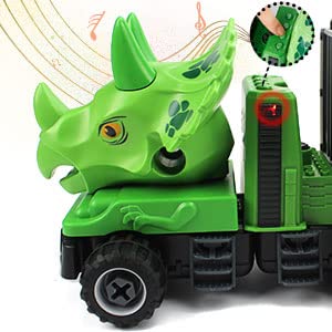 FS21004 Dinosaur Transport Truck Dinosaur Toy Set for Boys Girls, DIY Triceratops Transport Car with12pcs Dino Figures, Dinosaur mat，Two Dino CarBest Christmas,Birthday,New Year Gift Toys for 3+Year Boys Kids