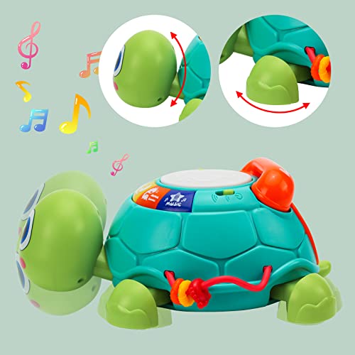 DBQ22001 Growinlove Baby Musical Crawling Turtle Toy, Multifunction Early Educational Music Toys with Drum and Pretend Phone, Baby Light Up Crawling Toys, Great Gifts for Baby Infants Toddlers Boys Girls