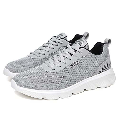 EARSOON Mens Trainers Running Trainers Mesh Walking Shoes Athletic Gym Fitness Shoes Lightweight Casual Shoes Grey & White Size 9