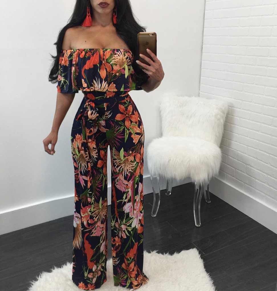 YM-8138 Women's Sexy Print One-Line Neck Wide-Leg Jumpsuit