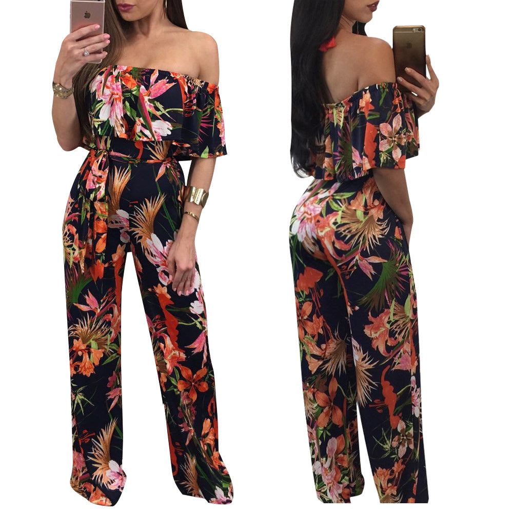 YM-8138 Women's Sexy Print One-Line Neck Wide-Leg Jumpsuit