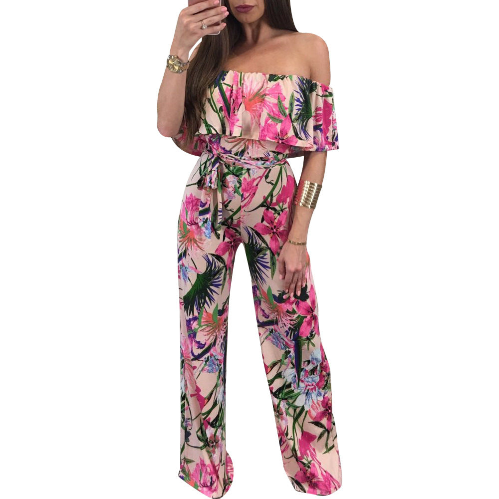 YM-8138 Women's Sexy Print One-Line Neck Wide-Leg Jumpsuit