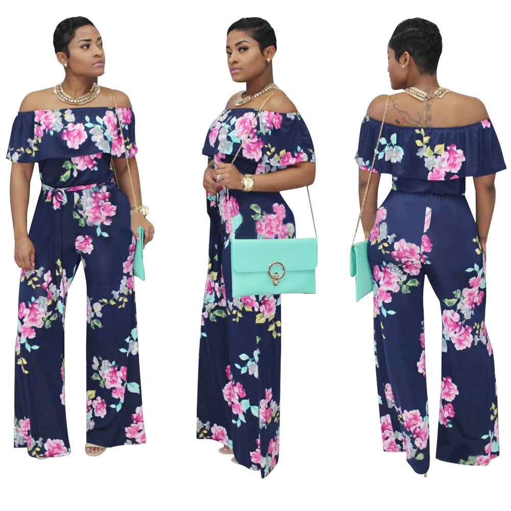 YM-8138 Women's Sexy Print One-Line Neck Wide-Leg Jumpsuit