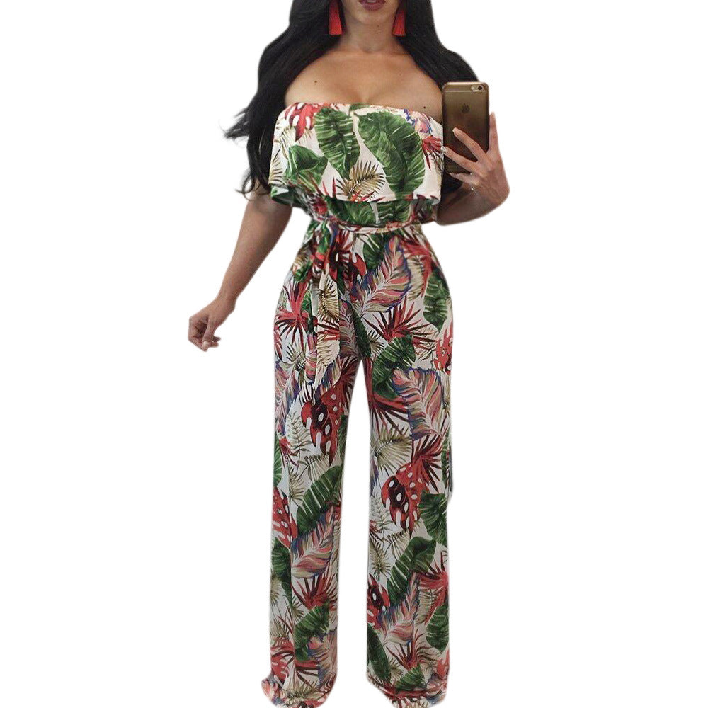 YM-8138 Women's Sexy Print One-Line Neck Wide-Leg Jumpsuit