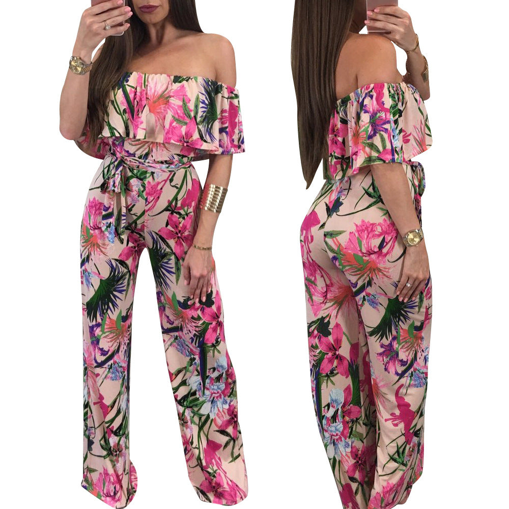 YM-8138 Women's Sexy Print One-Line Neck Wide-Leg Jumpsuit