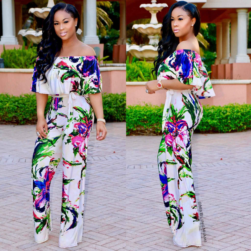 YM-8138 Women's Sexy Print One-Line Neck Wide-Leg Jumpsuit