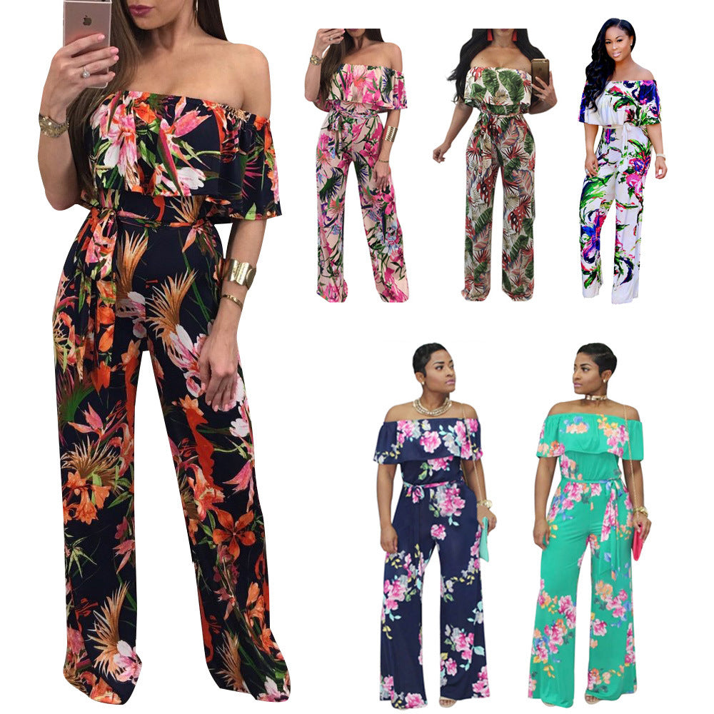 YM-8138 Women's Sexy Print One-Line Neck Wide-Leg Jumpsuit