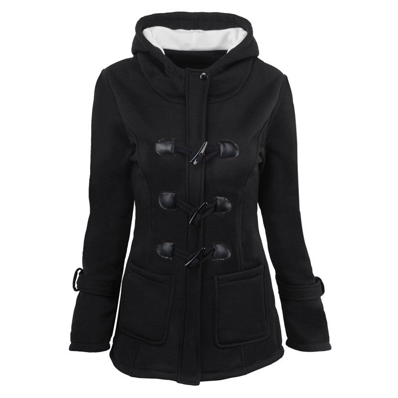 European and American Cotton-Padded Coat Large Size Cotton-Padded Coat Women's Mid-Length Hooded Blended Horn Leather Button Winter Coat Women