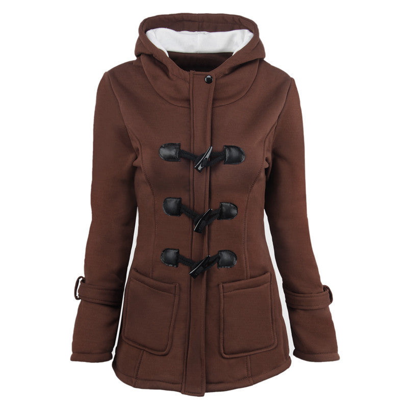 European and American Cotton-Padded Coat Large Size Cotton-Padded Coat Women's Mid-Length Hooded Blended Horn Leather Button Winter Coat Women