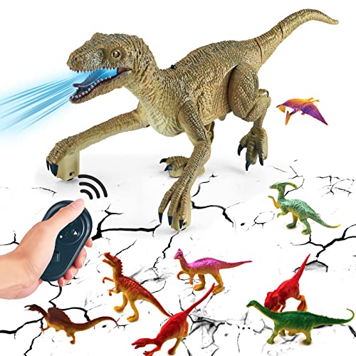 Remote Control Dinosaur Toys - RC Dinosaur Toys Realistic Walking Velociraptor with Roaring Sound, Shaking Head & Tail, Jurassic Dino Electronic Toys for Kids 3-9 Years Old (Yellow)