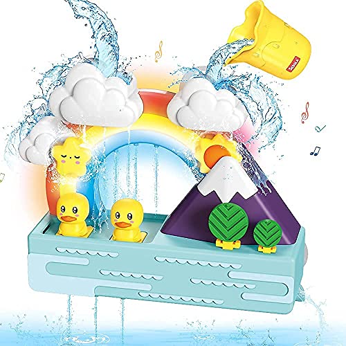 SDL21002 Baby Bath Toys for Toddlers 2-3 Bathtub Toy Musical Sound Bathroom Toy Wall Spin Duck Cloud Weather Toy Kids Water Game Waterfall with Music & Light, Gifts for 18 Months Boys and Girls