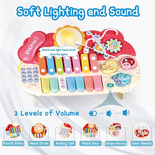 YL21001-RED Musical Toys for 1 year old Toddler Toy Piano Keyboard，4 in 1 Multi-Function Piano with Keyboard Piano，Light Xylophone，Hand Drum, Analog Call, etc.Best for Toddler Girls & Boys