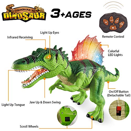 TOP20014-Green Remote Control Dinosaurs Toy for Kids - LED Light Up Walking and Roaring Realistic Dinosaur Toys with Glowing Eyes, Dancing, Shaking Head Robot, Green