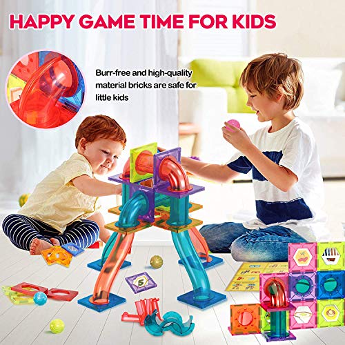 HS21001 Magnetic Building Blocks Tiles Toys - 101 PCS Magnet Construction Toys 3D Pipeline Marble Run Race Track with Alphabet Number Stickers STEM Learning Educational Toy for Kids Age 3 4 5 6 7 8 Years Old