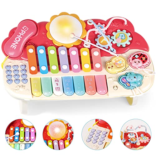 YL21001-RED Musical Toys for 1 year old Toddler Toy Piano Keyboard，4 in 1 Multi-Function Piano with Keyboard Piano，Light Xylophone，Hand Drum, Analog Call, etc.Best for Toddler Girls & Boys