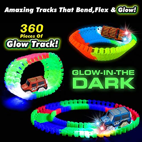 WJ21002 Car Track Glow in the Dark,Glow Race Tracks Toy with 2 LED Light Race Cars，360PCS Flexible Race Track Gifts for 3 4 5 6 Year+Boys Girls