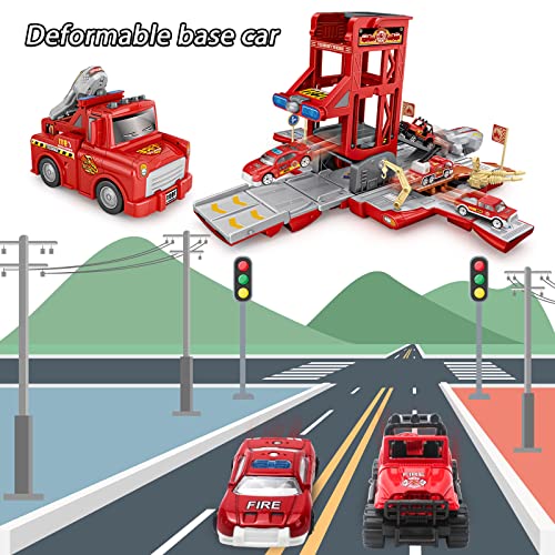 TOP21007 Kids Car Play Vehicles Set - Fire Truck Cars Garage Toys Set for Boys, Deformable Engineering Truck Toy with Lights & Sounds with 6 Mini Cars, Vehicle Garage Set Toys Gift for 3 4 5 6 Kids Toddlers