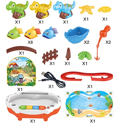 XMT22003 Dinosaur Toys for Kids,Magnetic Fishing Game Toys with Slideway,Electronic Toy Fishing Set，Multi-purpose Educational Fish Game Toys Set with Slideway & Music, Preschool Learning Toys for Girls Boys