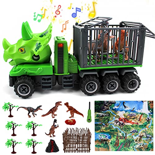 FS21004 Dinosaur Transport Truck Dinosaur Toy Set for Boys Girls, DIY Triceratops Transport Car with12pcs Dino Figures, Dinosaur mat，Two Dino CarBest Christmas,Birthday,New Year Gift Toys for 3+Year Boys Kids