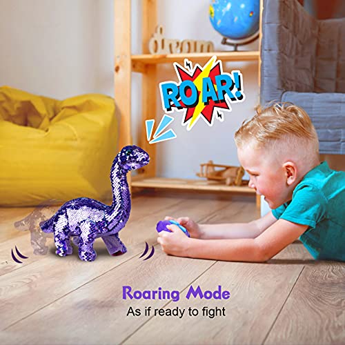 Remote Control Reversible Sequins Dinosaur Toy for 2 Years Old & Up Girls Boys, RC Dino Can Repeat & Walk & Roar& Sing, Christmas Birthday Gifts for Toddlers Kids