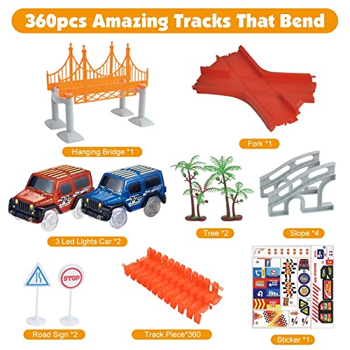 Glow Race Tracks Toy with 2 LED Light Race Cars and 18 ft 360Pcs Bendable Race Track Set Toys for Boy Age 3-12 Years Old