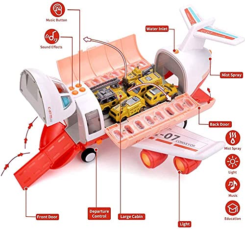 Transport Construction Vehicles Aircraft Toys - Storage Transport Airplane with 6 Diecast Trucks and Playmat, Kids Toy Jet Aircraft with Mist Spay, Light & Sounds, Gift for 3 4 5 6 Years Old Children