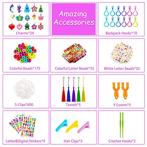 AX19001 Rubber Band Bracelet Kit for Girls Toys - 11700+ PCS DIY Bracelet Making Kit Includes 10000+ Bands in 28 Colors, 175 Beads, 30 Charms, 5 Tassels, 5 Crochet Hooks, 3 Hair Clips