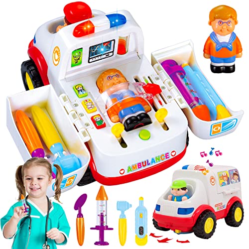 HL836  Ambulance Rescue Vehicle Doctors Set Pretend Play Toy Rescue Vehicle Bump and Go with Various Medical Equipment, Lights Music and Medical Sounds For Children Kids