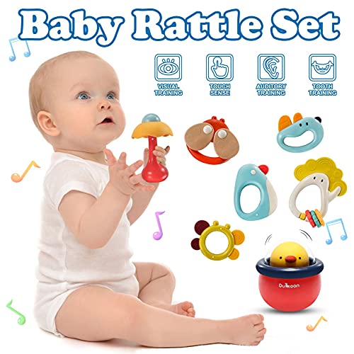 DM21002 Baby Rattle Teether Set with Wobble Toy, Grab Shaker and Spin Rattle Toy with Storage Box, Interactive Early Educational Rattles Baby Newborn Gift for 3 6 9 12 Month Infant, Boys, Girls