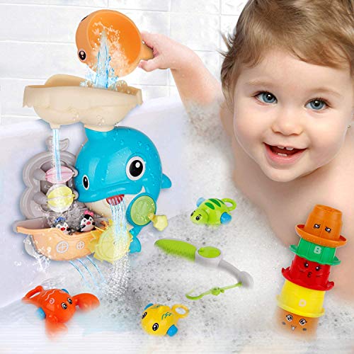 BCJ20001 Baby Bath Toys Games - Dolphin Waterfall Station Spin and Flow Bathtub Toys with Fishing Games Stacking Cups Squirt Fish Tub Water Toy for Toddlers Kids Infant Girls and Boys Fun Bath Time Gift